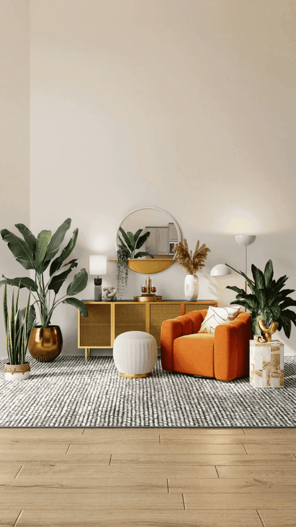 Modern living room interior design with orange armchair, indoor plants, wooden sideboard, round mirror, and warm decor accents.